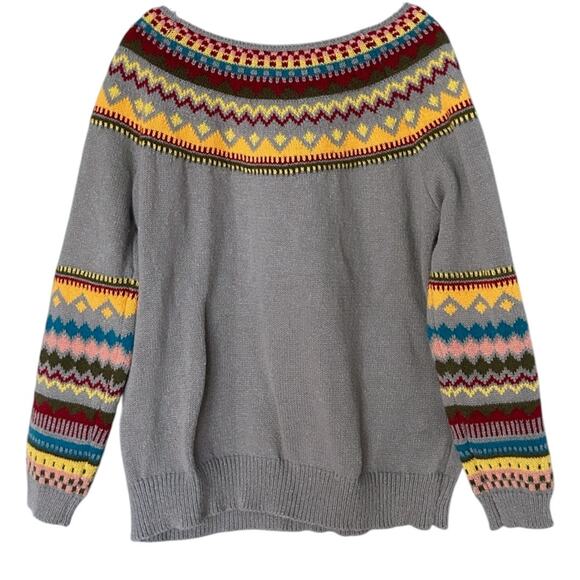 Vintage Fair Isle Knit Sweater Women’s Large Gray Multicolor Nordic Boat Neck - Picture 3 of 5